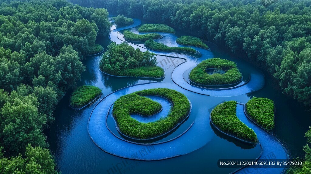 俯视森林河流湿地