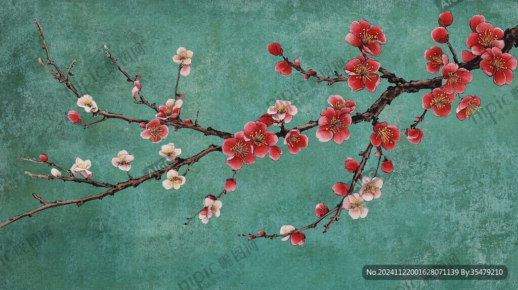 工笔手绘红墙梅花