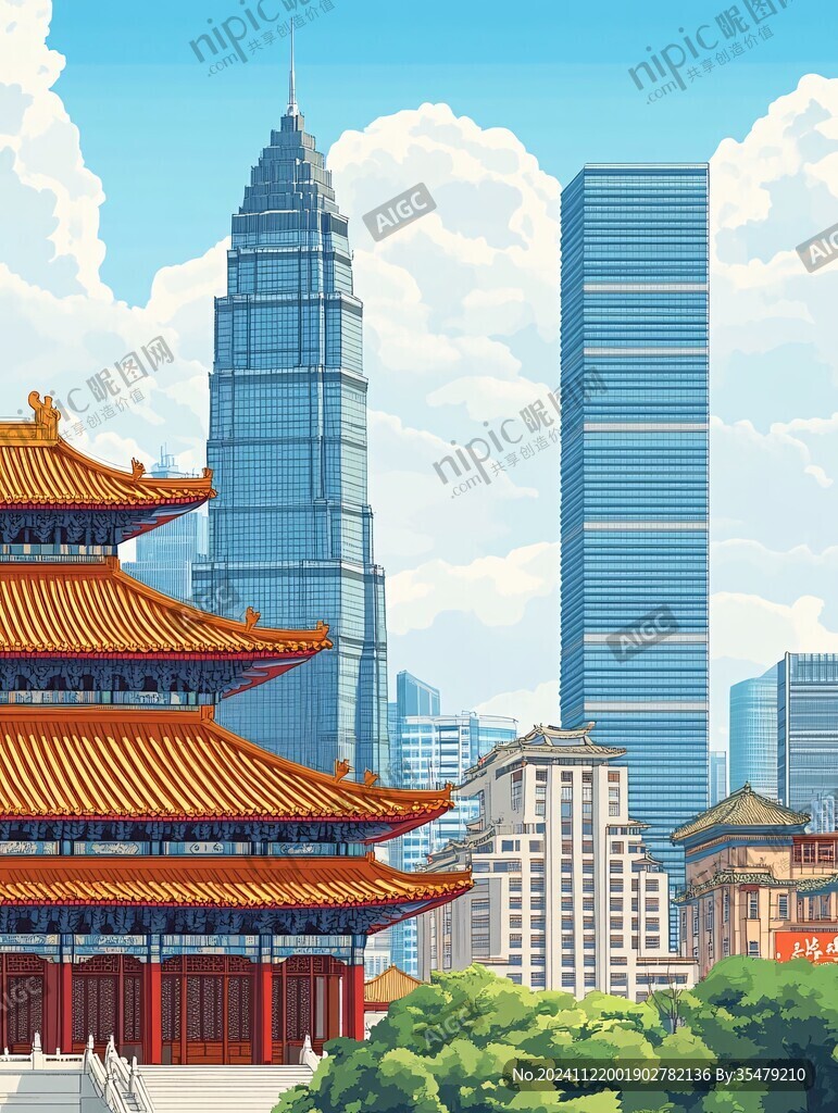 华中地区城市建筑插画