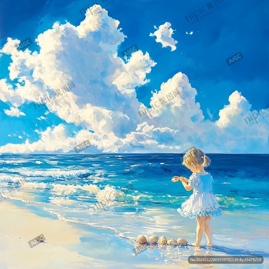 唯美小女孩海边插画