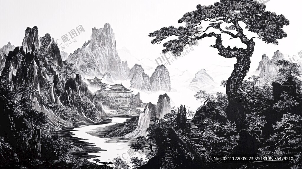 迎客松巨幅水墨画