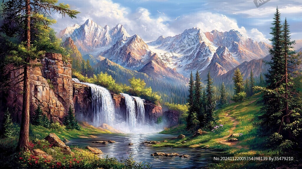山水风景油画瀑布