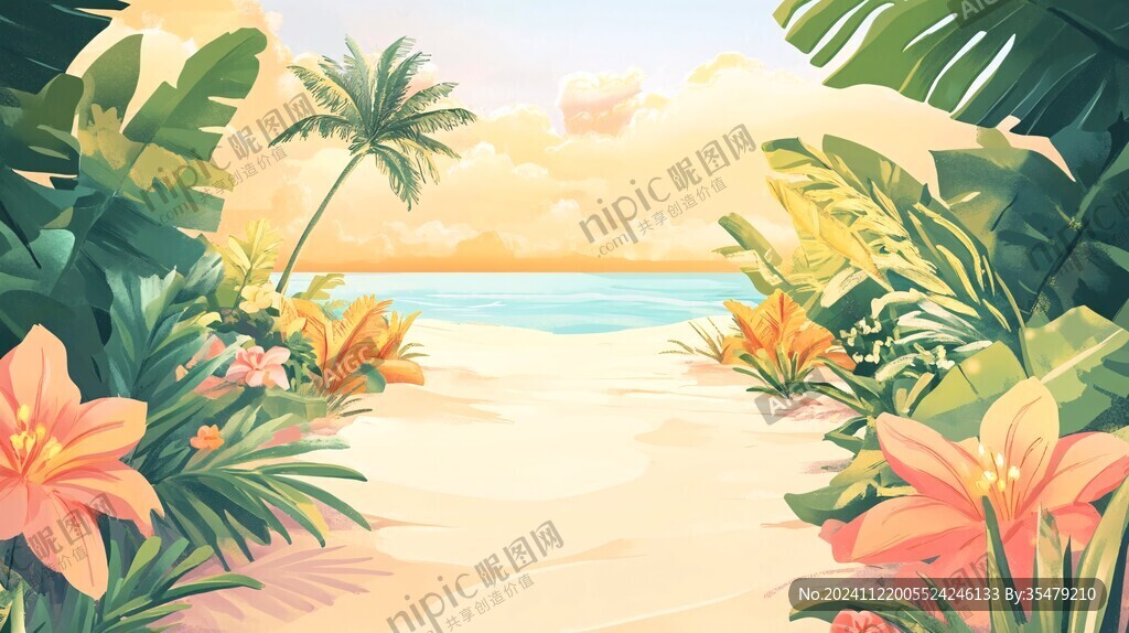 夏季唯美海滩插画