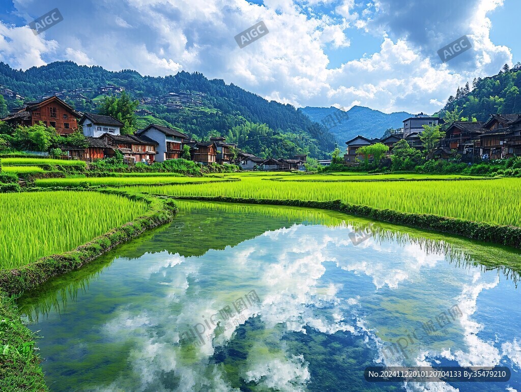 水稻与吊脚楼