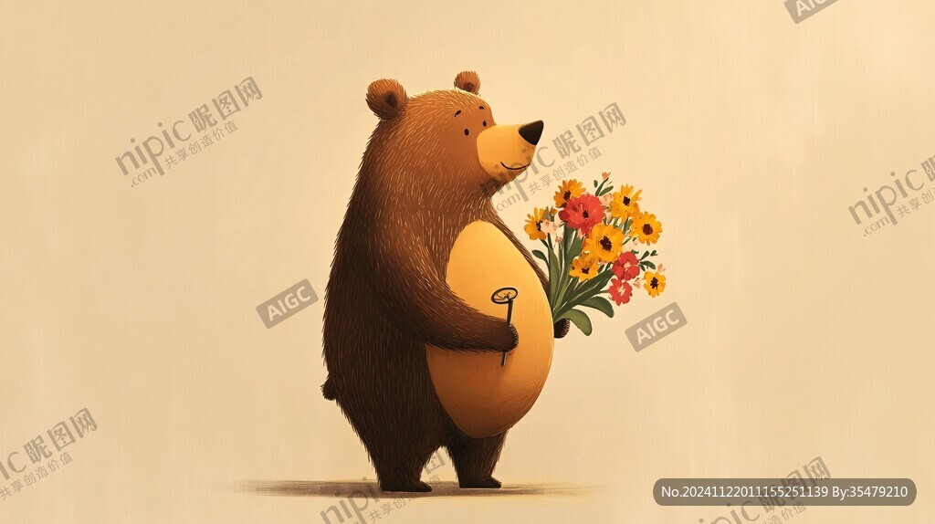 手绘小熊送花