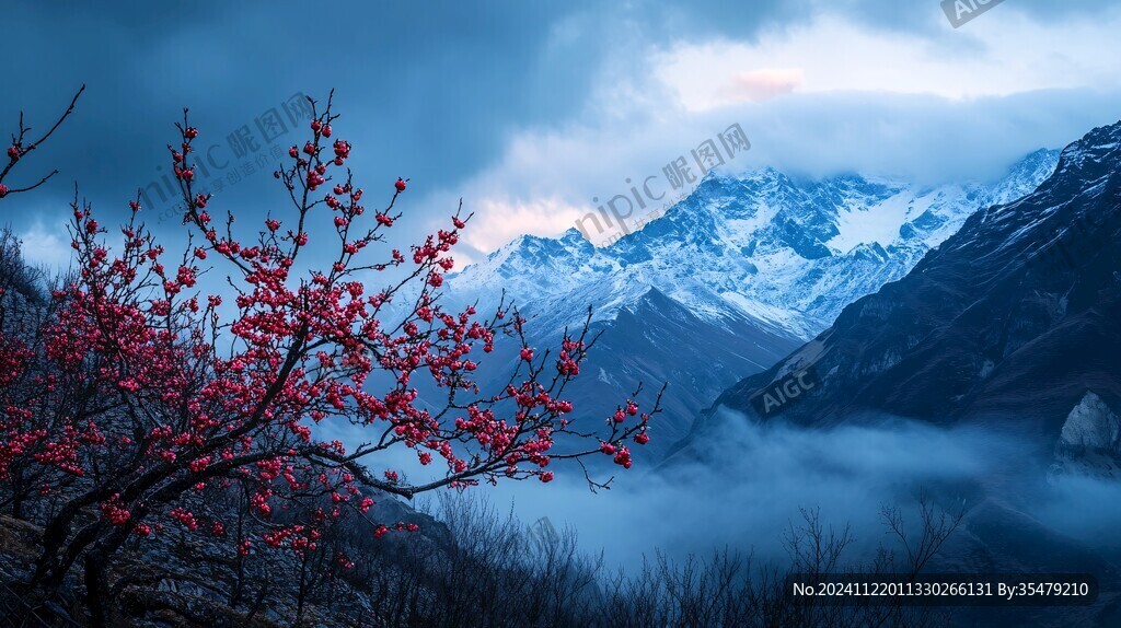 雪山田园桃花