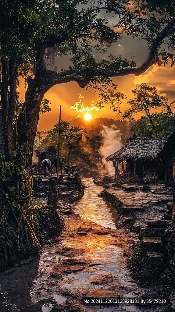 乡间小溪夕阳夕下