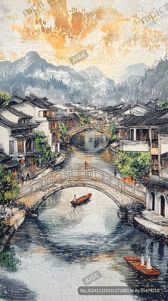 江南古镇油画效果