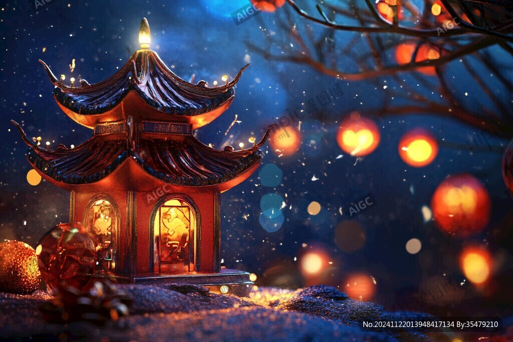 飘雪雪花雪景灯笼