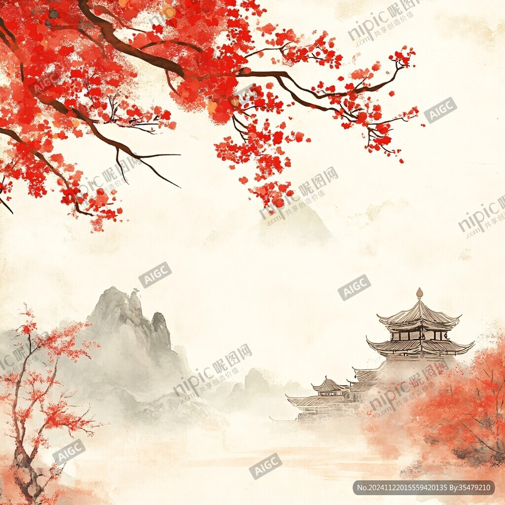 红叶古风山水画