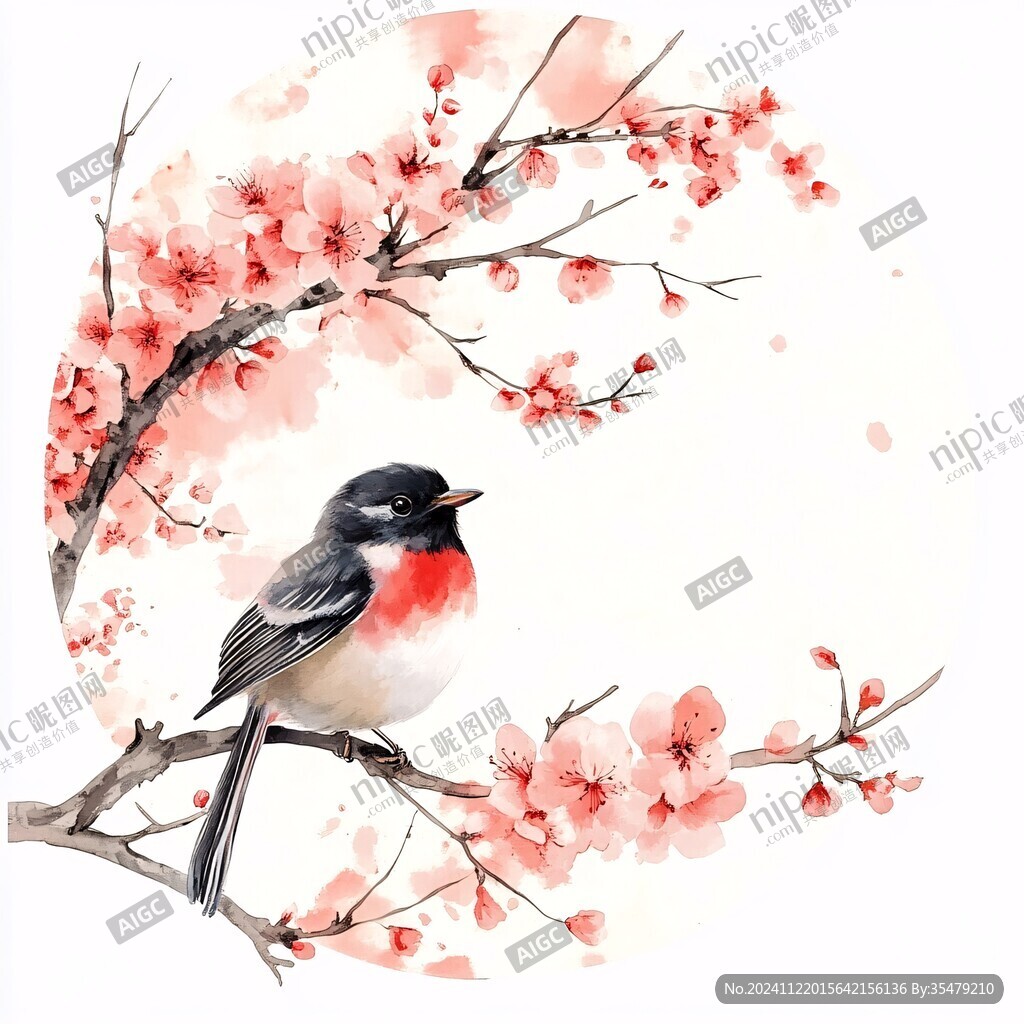 水彩梅花小鸟