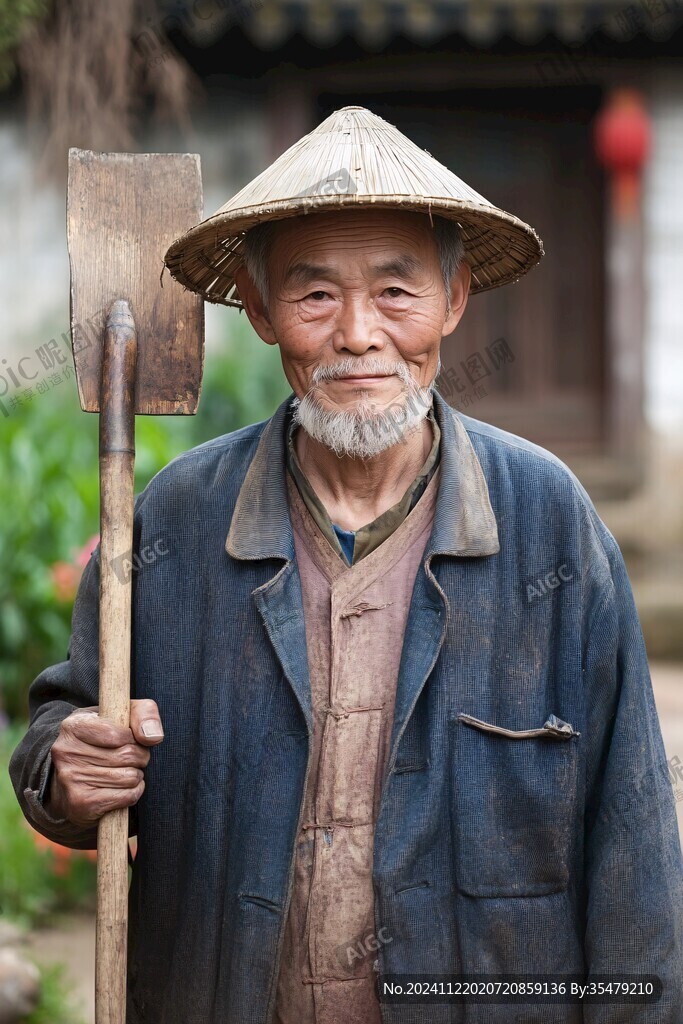 农夫耕地锄头蓑衣