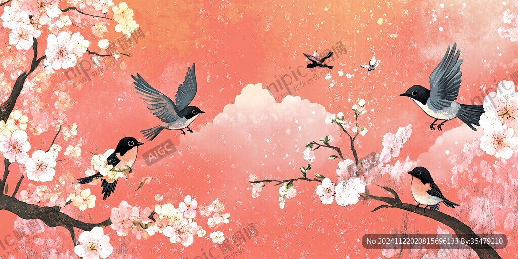 中式樱花花鸟图