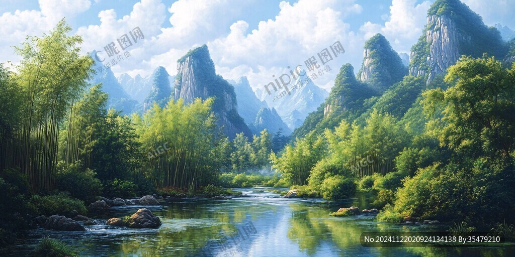 竹林河流山峰