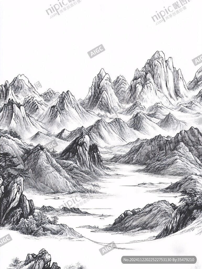 黑白中式水墨山水画芯