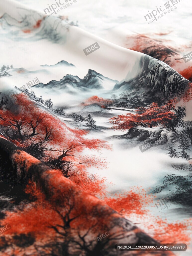 新中式泼墨红叶山水画