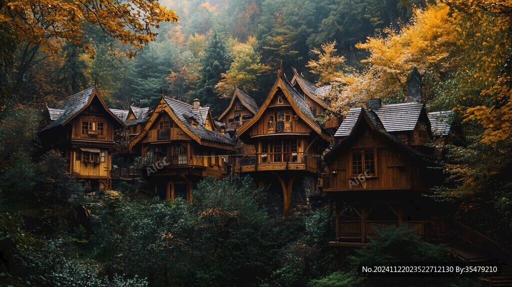 秋季森林木屋别墅
