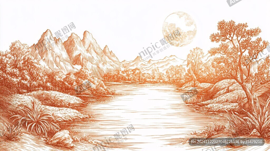 线描古风江景山水