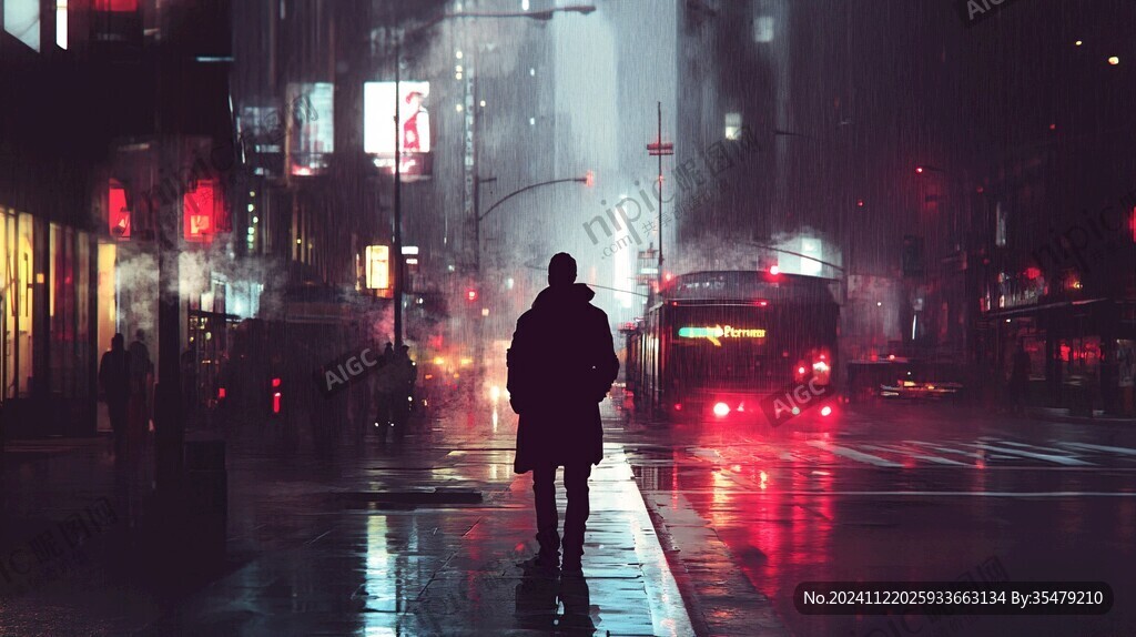 夜晚雨中行走的人