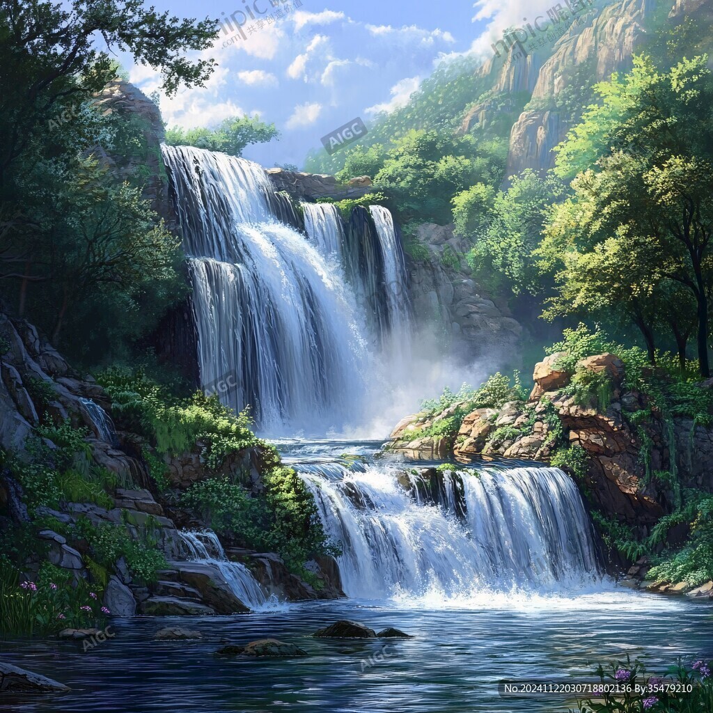 山水风景油画瀑布