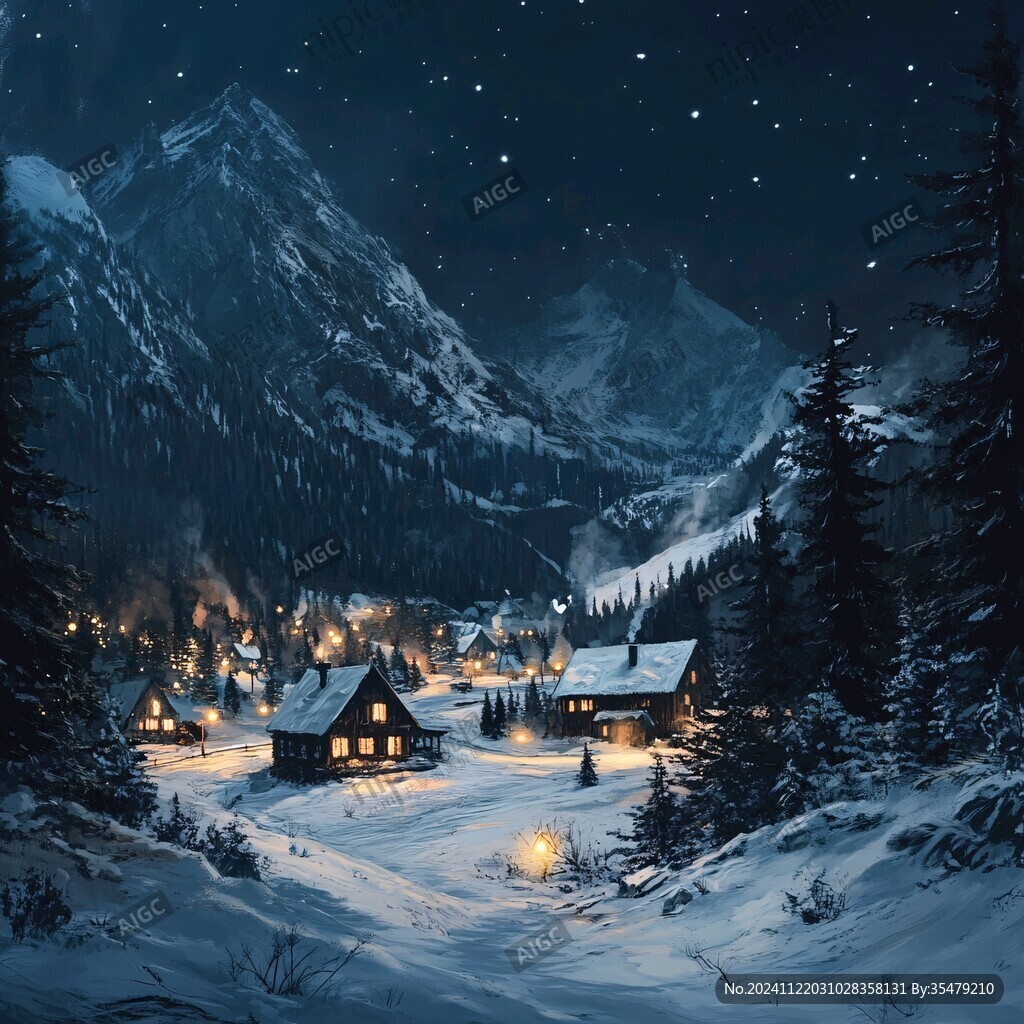 手绘雪夜风景无框画