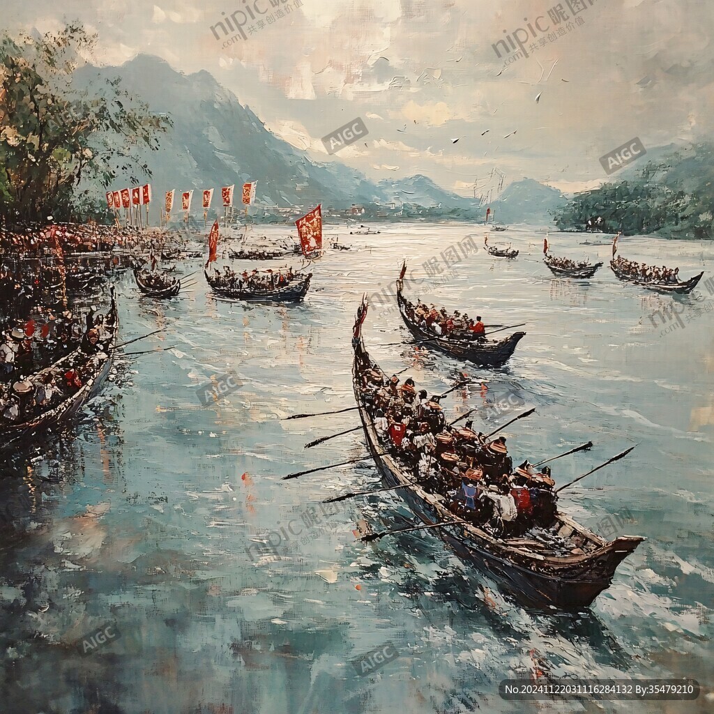 山峰渔船群山油画壁画