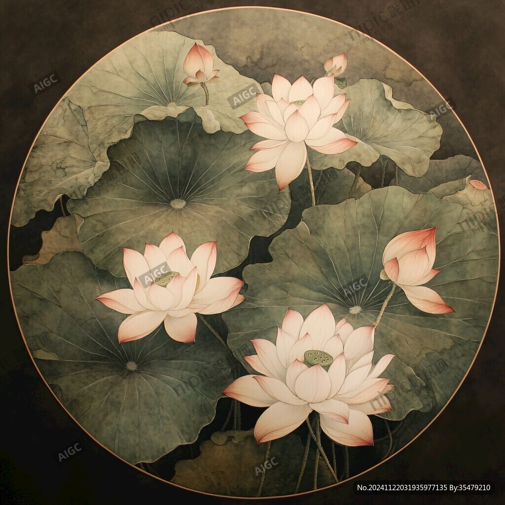 工笔荷花圆形镜心