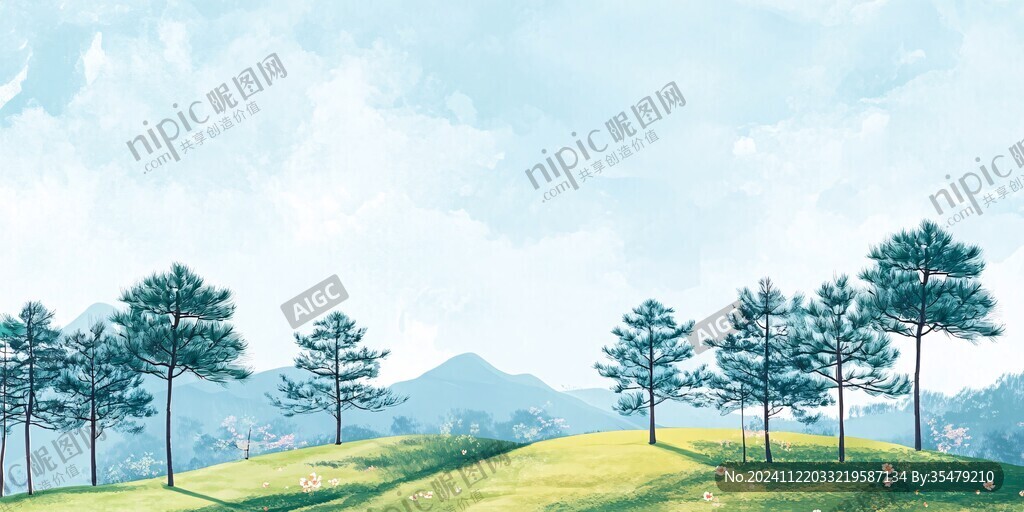 手绘森林山峰草地