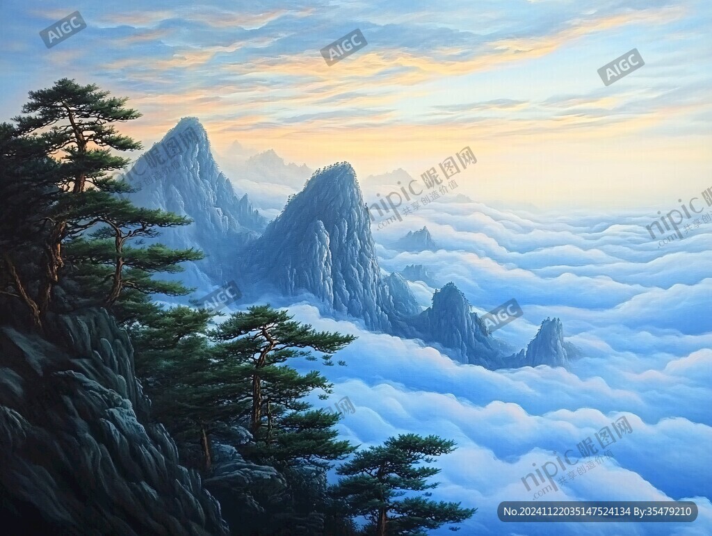 迎客松油画