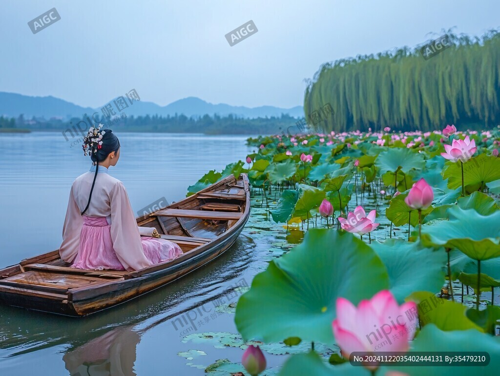 小船仕女湖水天人合一