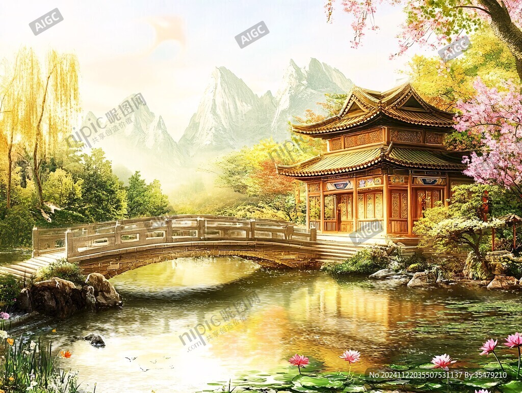 古风亭台楼阁油画
