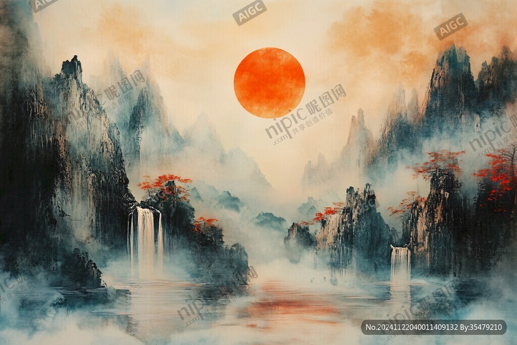 红日水墨山水