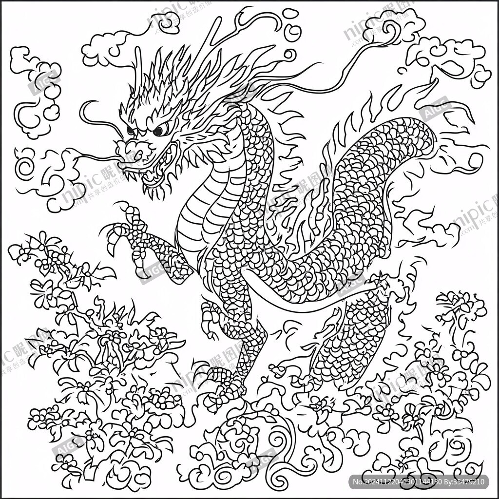 龙白描线描