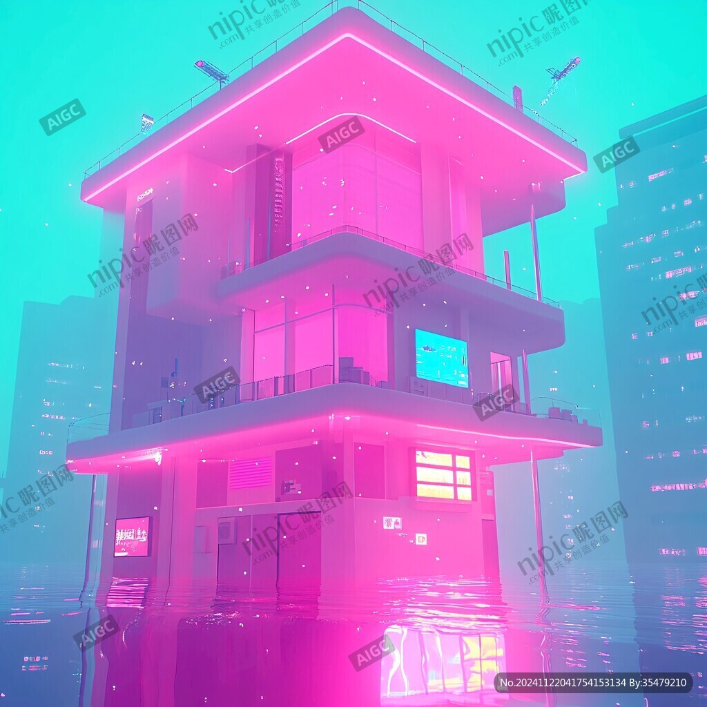 粉红色的幻想外星建筑与大窗户