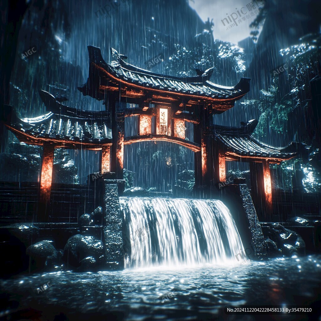 亭台楼阁流水瀑布