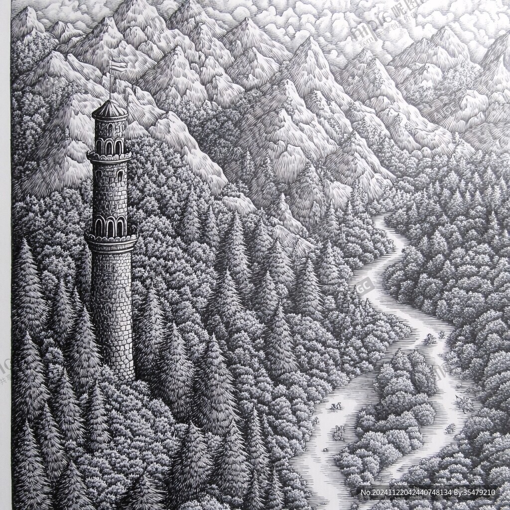 精雕肌理线描山水画