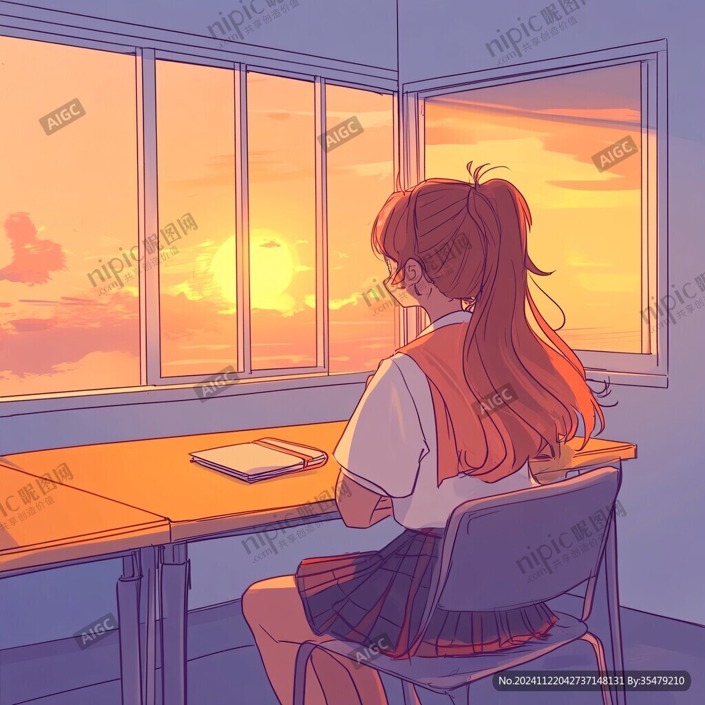 女学生夕阳下插画