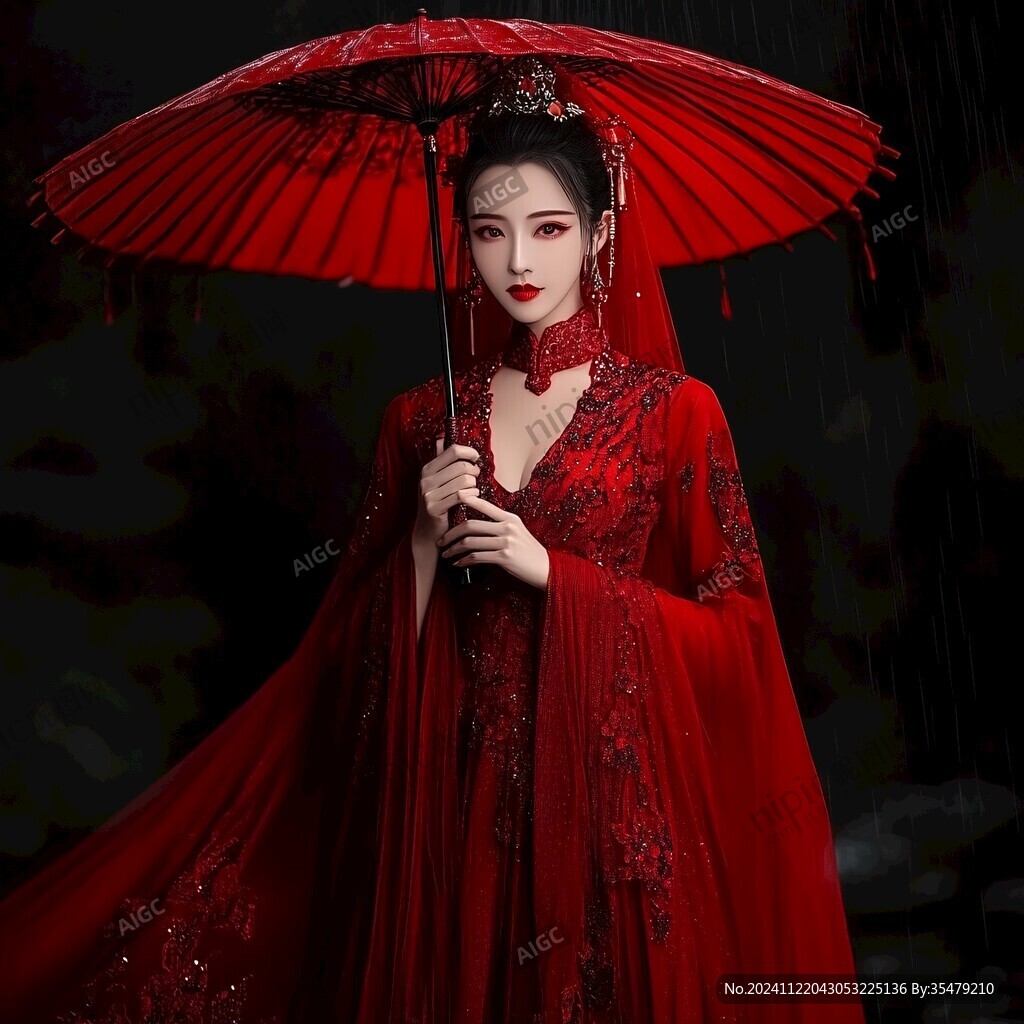 手拿红绸布伞