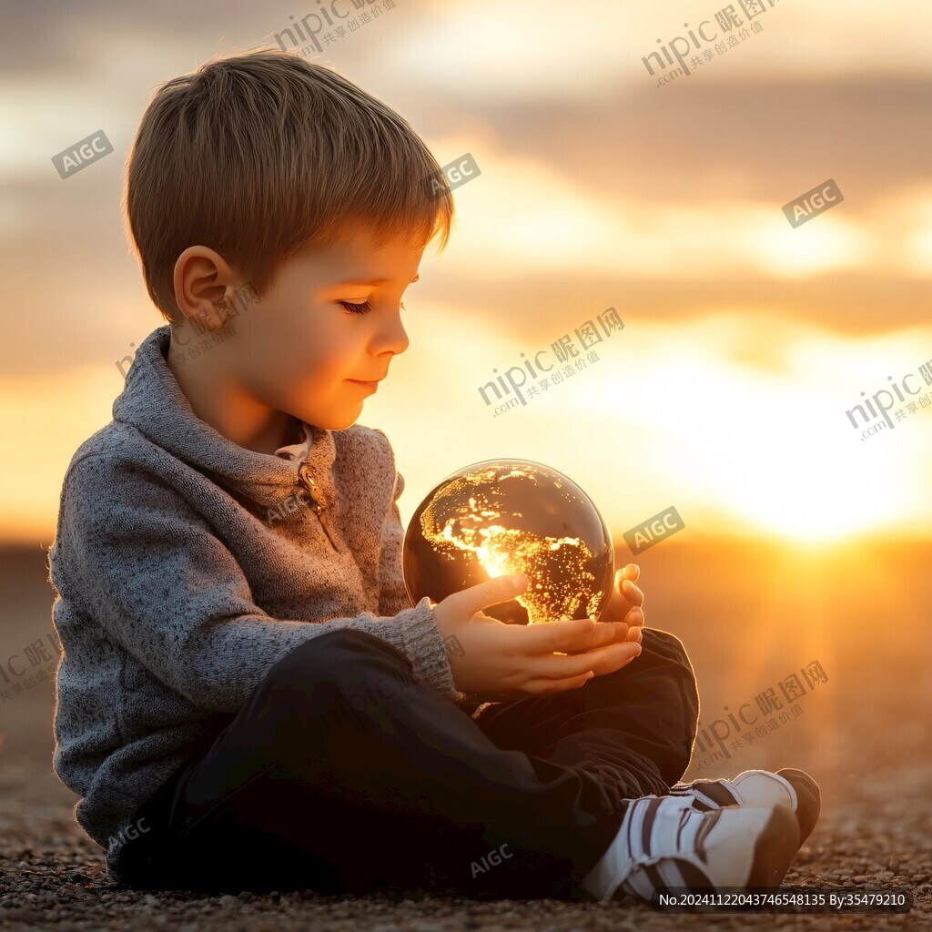 夕阳下玩耍的小男孩