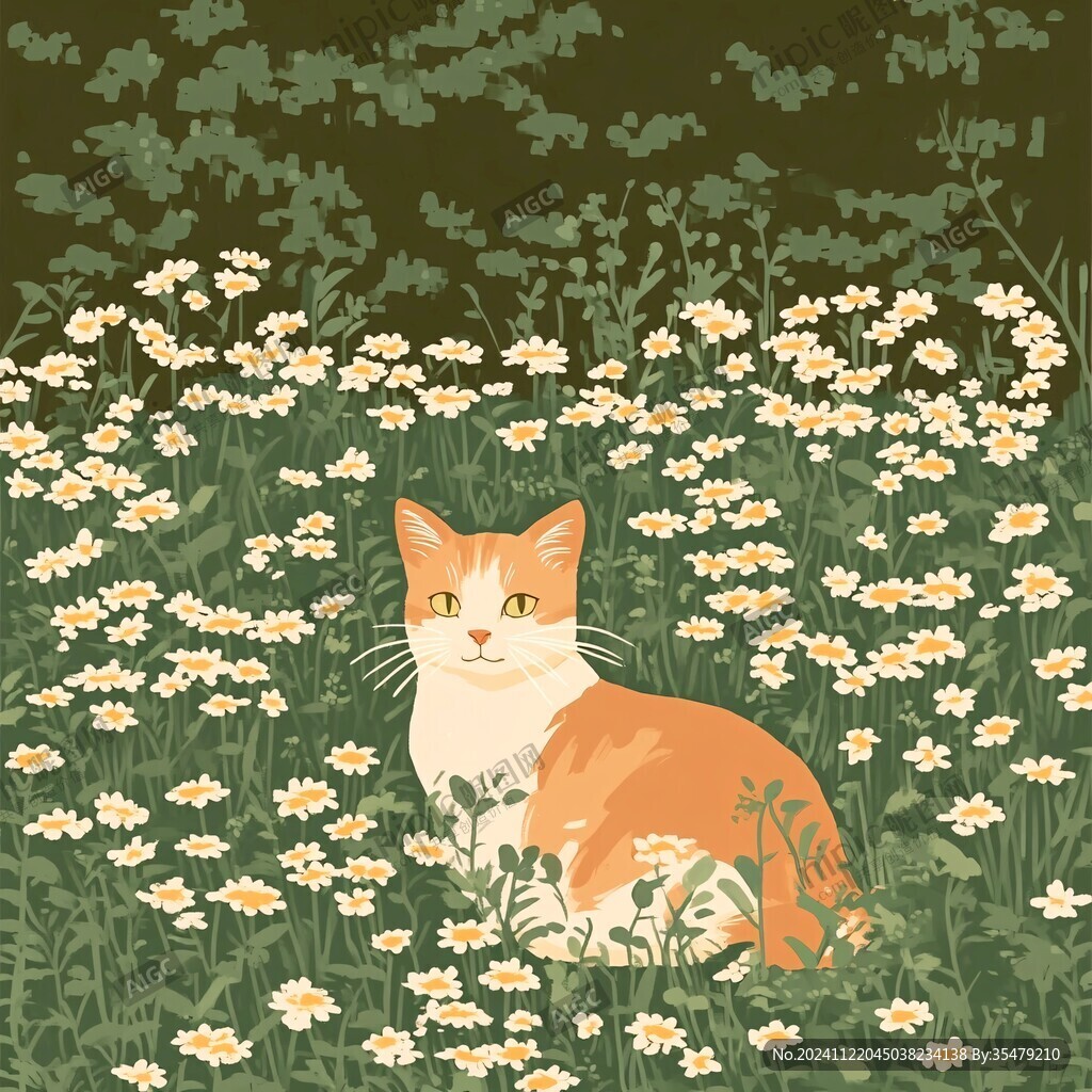 花丛边的猫咪插画