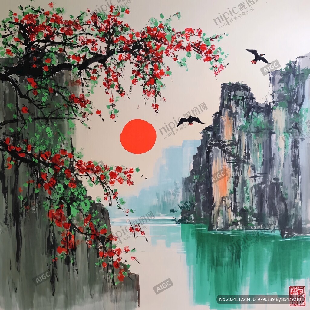 红日东升水墨画