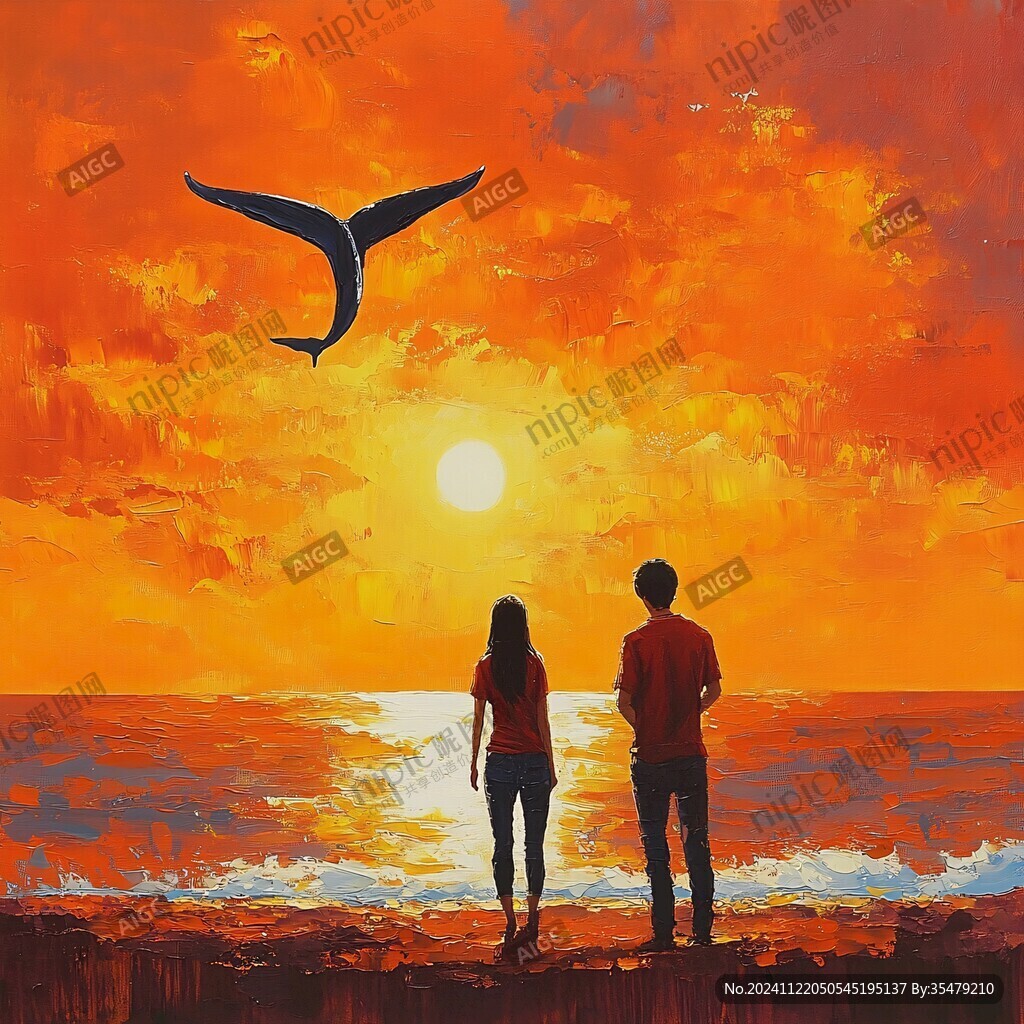 手绘看海的情侣插画