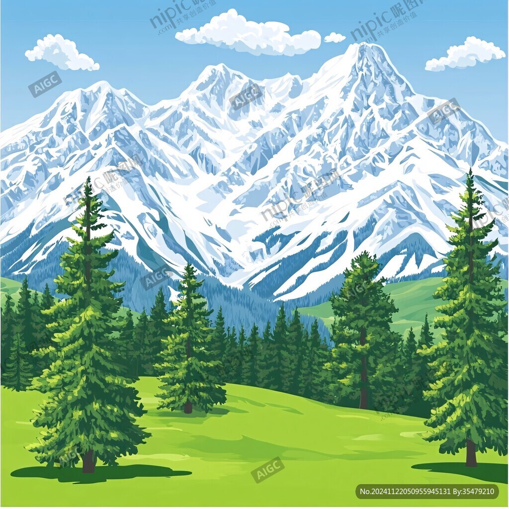 手绘森林山峰草地