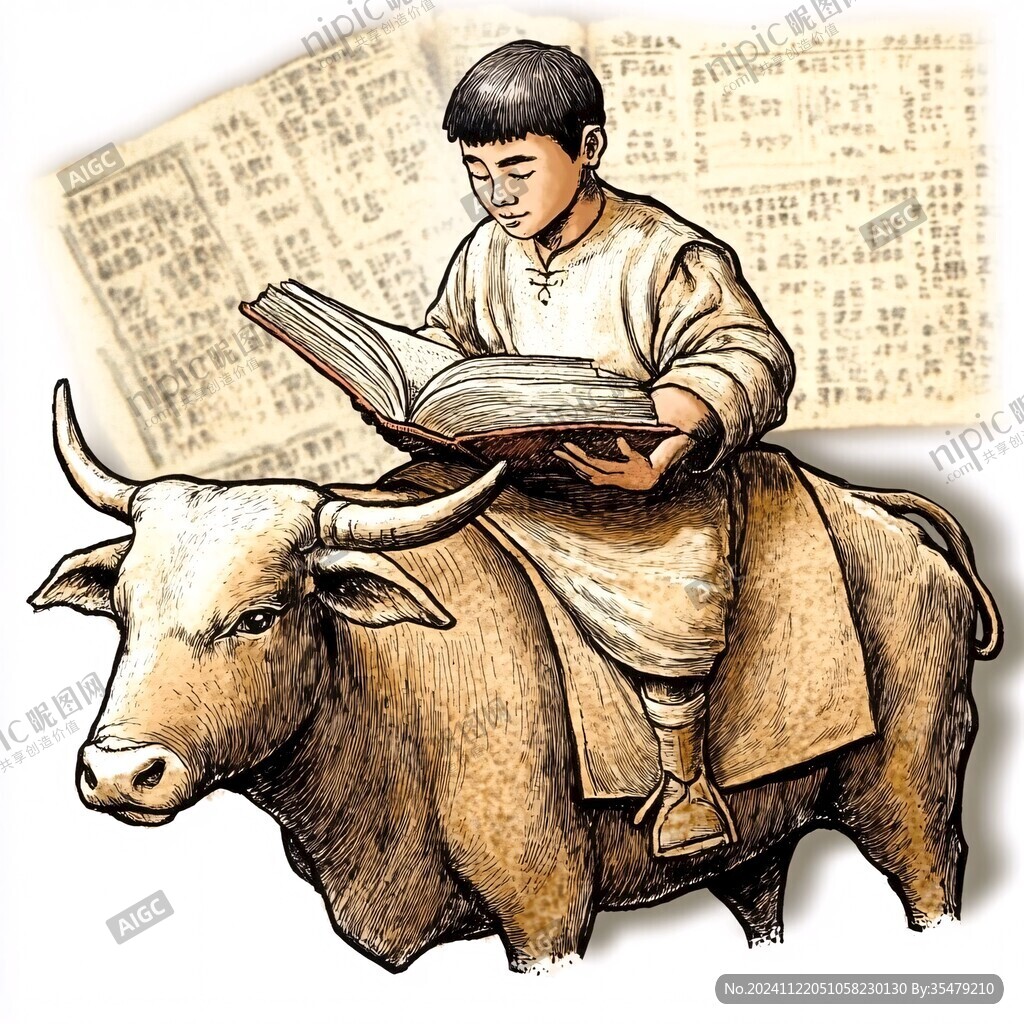 牧童骑牛牧童看书