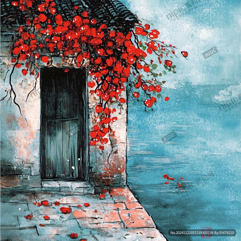 红色同里插画同里水彩