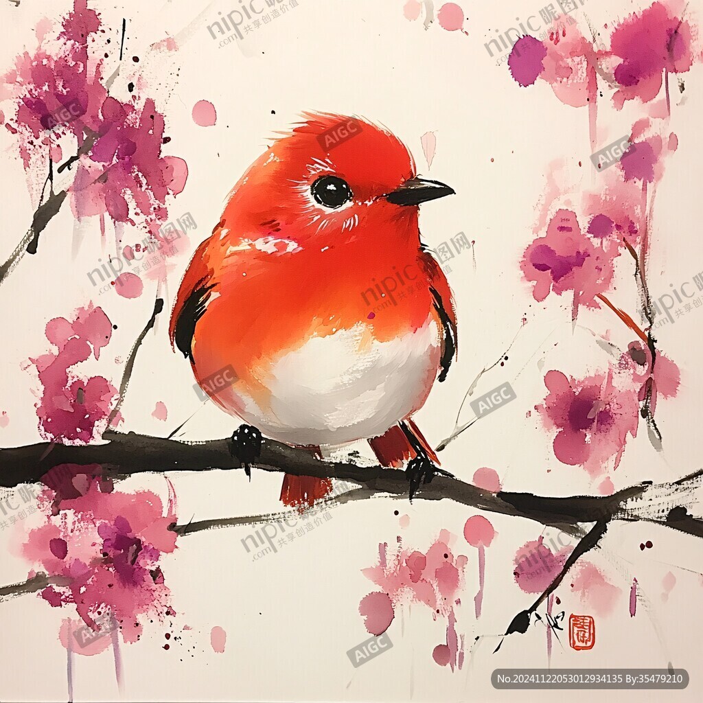 纯手绘水彩花鸟