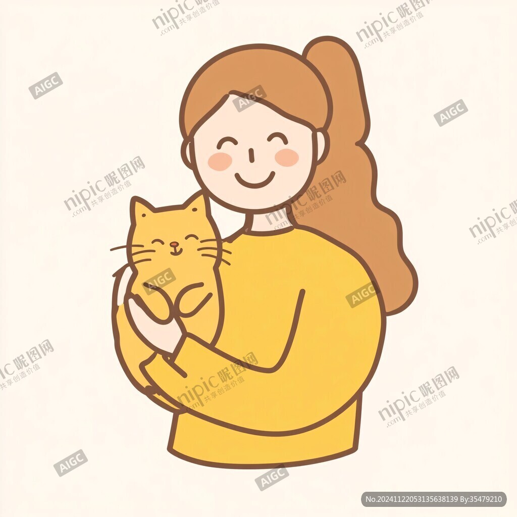 手绘抱着猫的小女生