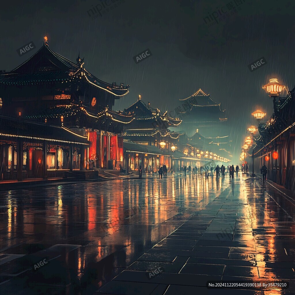 中式古代建筑雨景