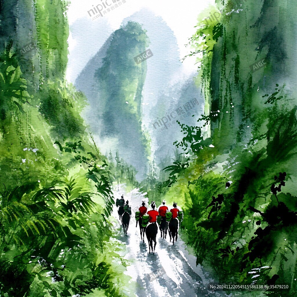 广西剪影旅游手绘水彩