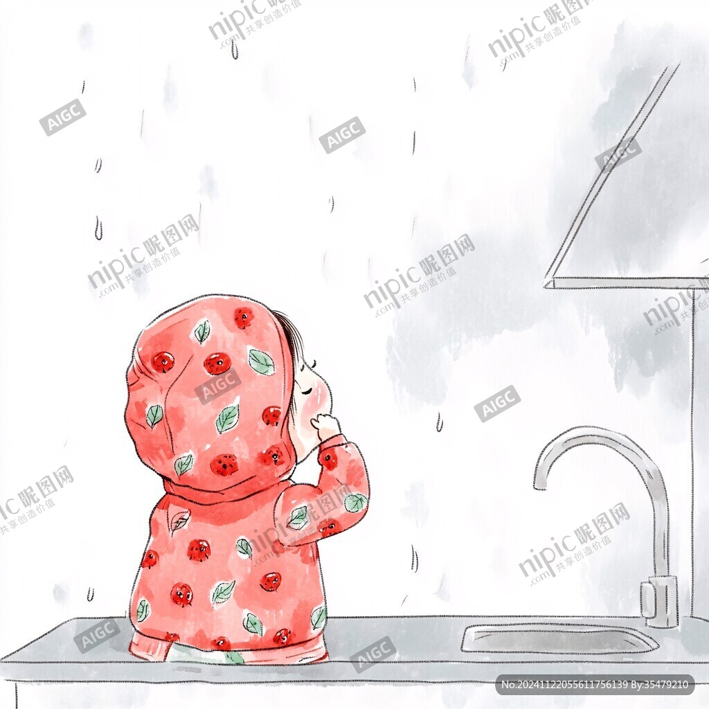 绘呆萌女孩躲雨无框画